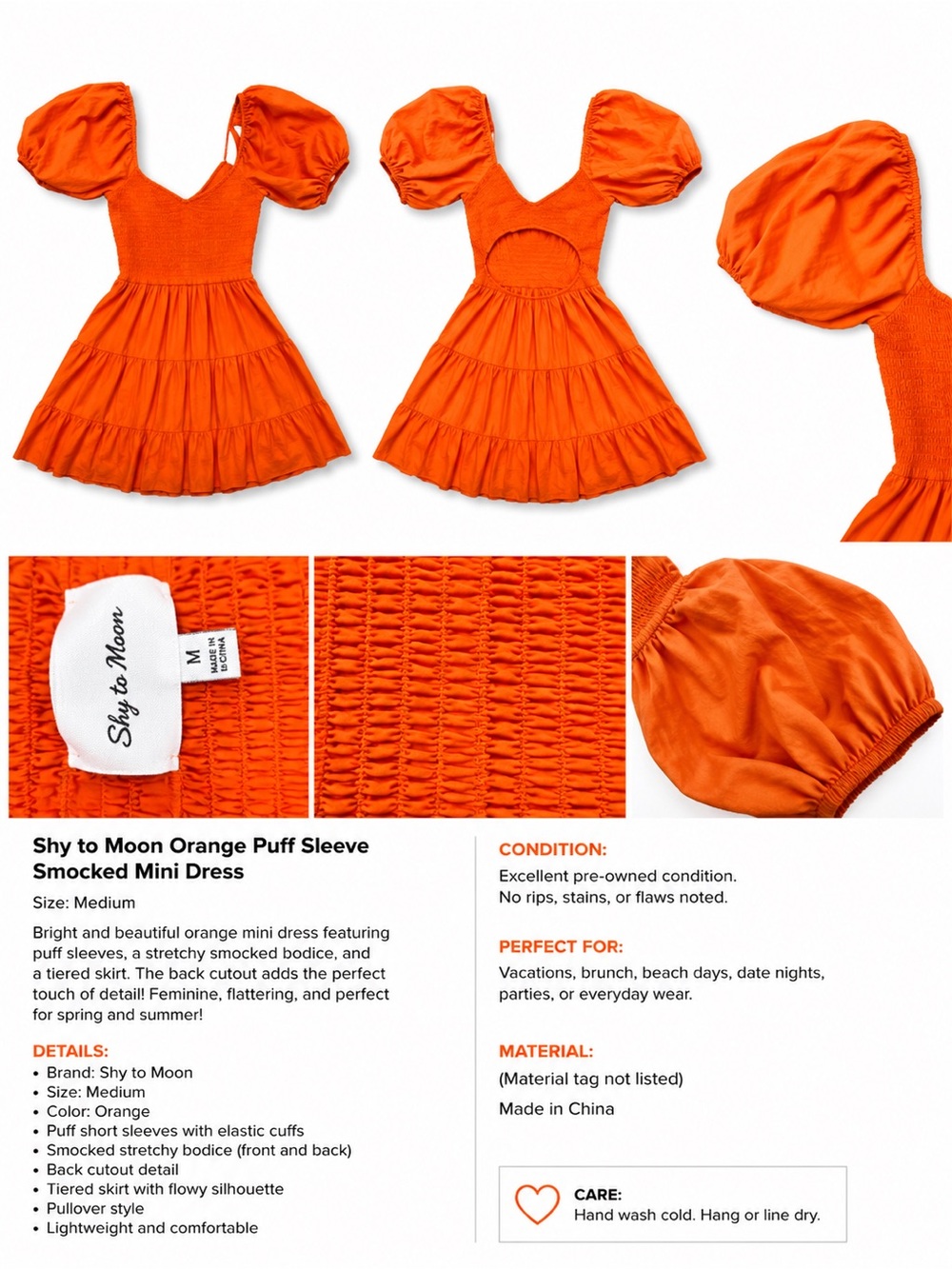 Shy to Moon Orange Puff Sleeve Smocked Mini Dress